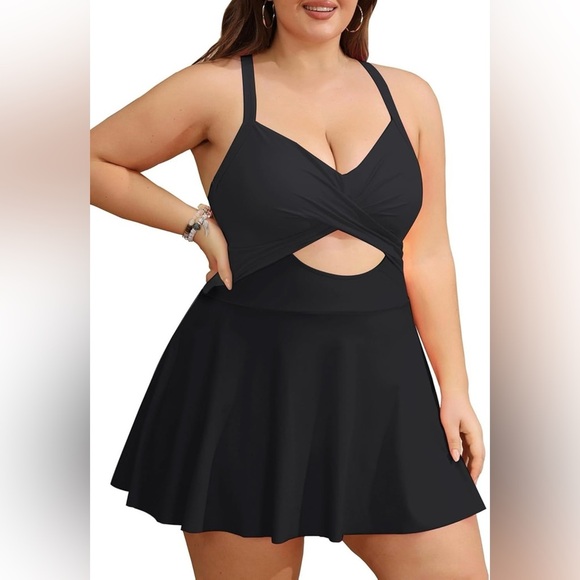 B2Prity NWT Plus size 3XL one pc swimsuit swim dress black tummy control beach - Picture 1 of 4